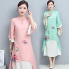 Mock Two-piece Elbow-sleeve Midi Shift Dress