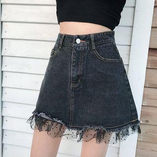 Mesh Panel Mini A-line Denim Dress