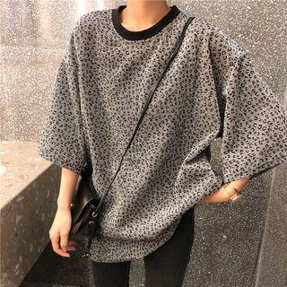 Leopard Print Elbow-sleeve Glitter T-shirt
