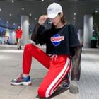 Short-sleeve Lettering T-shirt / Stripe-side Sweatpants