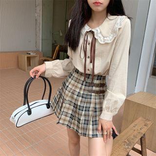 Long-sleeve Peter Pan Collar Tie-neck Shirt / Plaid Pleated Mini Skirt