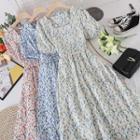 Square-neck Short-sleeve Floral Chiffon Dress