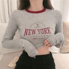 Long-sleeve Lettering Print Cropped T-shirt Gray - One Size