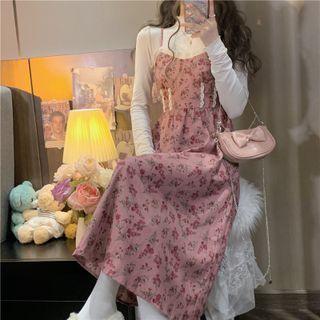 Spaghetti Strap Floral Midi A-line Dress / Mock Neck Top