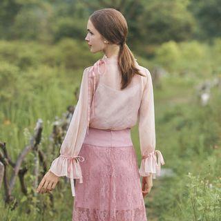Set: Frilled Neck Long-sleeve Chiffon Top + Camisole Top