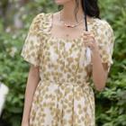 Elbow-sleeve Floral Midi A-line Dress Yellow Floral - White - One Size