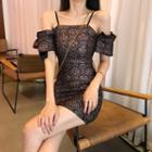 Short-sleeve Cold Shoulder Patterned Mini Sheath Dress
