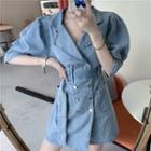 Puff-sleeve Double Breasted Denim A-line Mini Dress