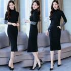 Set: Long-sleeve Two-tone Knit Top + Midi Knit Pencil Skirt Xx1862 - As Shown In Figure - One Size