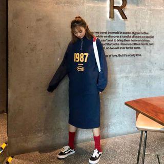 Lettering Half-zip Long-sleeve Midi Dress
