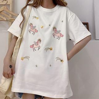 Cartoon Embroidered Sequined Short-sleeve T-shirt