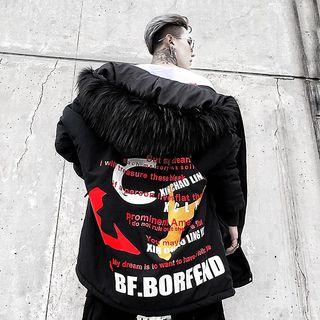 Furry-trim Lettering Print Zip Hooded Padded Coat