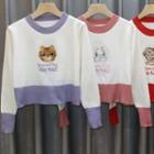 Two-tone Cartoon Embroidered Cropped Sweater