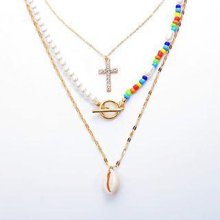 Beaded Cross Layered Necklace 0675 - Gold - One Size