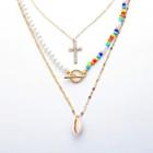 Beaded Cross Layered Necklace 0675 - Gold - One Size