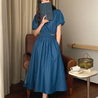 Set: Short-sleeve Blouse + Denim Skirt