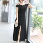 Off Shoulder Short-sleeve Maxi A-line Dress