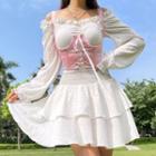 Flared-cuff Ruffle Trim Layered Mini Dress / Lace-up Body Harness Belt / Set