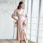Front Slit Elbow-sleeve Midi A-line Dress