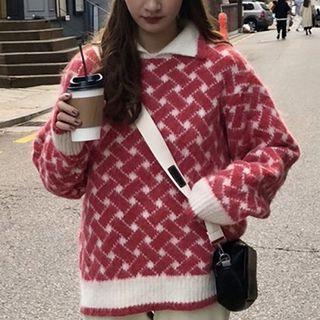 Color-block Plaid Long-sleeve Sweater As Shown In Figure - One Size
