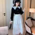 Dotted Midi A-line Skirt / Lace Trim Blouse