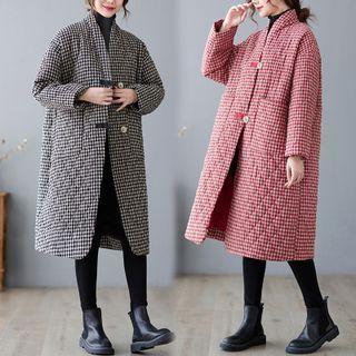 Gingham Quilted Button-up Long Coat