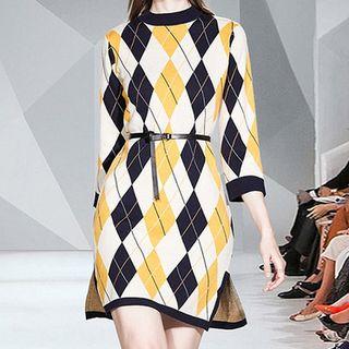 3/4-sleeve Argyle Mini A-line Knit Dress