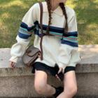 Long-sleeve Striped Polo Collar Knit Top Almond - One Size