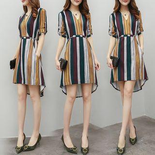Striped Elbow-sleeve Shift Dress