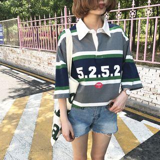 Lettering Striped 3/4 Sleeve Polo Shirt