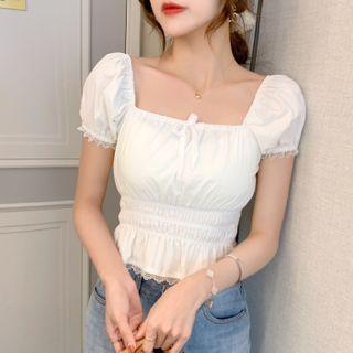 Lace-hem Puff-sleeve Chiffon Blouse