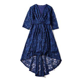 Elbow-sleeve Asymmetric Lace Dress