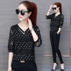 Dotted Lace Panel Long-sleeve Top