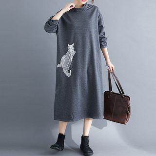 Cat Embroidered Long-sleeve Midi Shift Dress