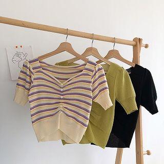 Color-block Striped Slim-fit Frilled Knit Top