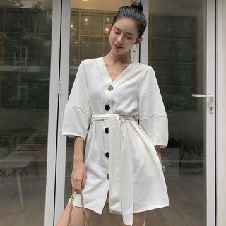V-neck Tie Waist 3/4-sleeve Dress