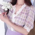 Puff-sleeve Lace-trim Plaid Blouse