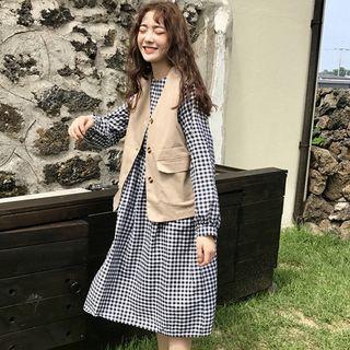 Long-sleeve Check A-line Midi Dress / Buttoned Vest