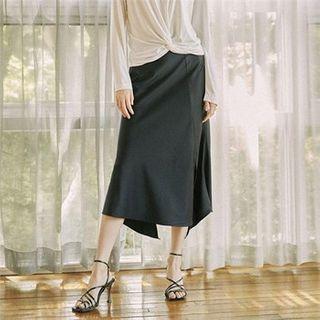 Slit-trim Asymmetric-hem Satin Skirt