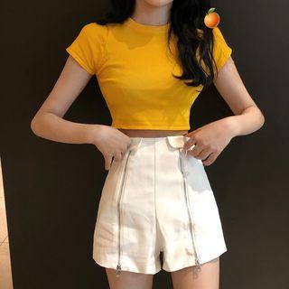 Plain Cropped Short-sleeve Top / High-waist Shorts
