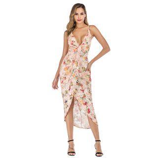 Spaghetti Strap Floral Print Sequined Midi A-line Dress