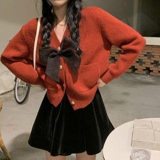 Bow V-neck Cardigan / Velvet Mini A-line Skirt