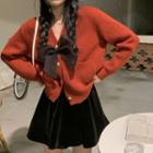 Bow V-neck Cardigan / Velvet Mini A-line Skirt