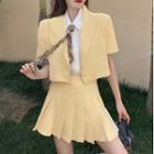 Short-sleeve Cropped Blazer / Pleated Mini A-line Skirt / Shirt With Necktie