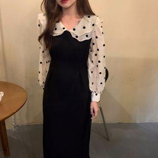 Long-sleeve Layered Collar Dotted Midi Sheath Dress