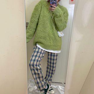 Plain Sweater / Plaid Straight Leg Pants