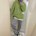 Plain Sweater / Plaid Straight Leg Pants