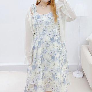 Plus Size Light Jacket / Spaghetti Strap Floral Midi A-line Dress / Set