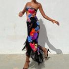 Floral Print Side-slit Sheath Tube Dress