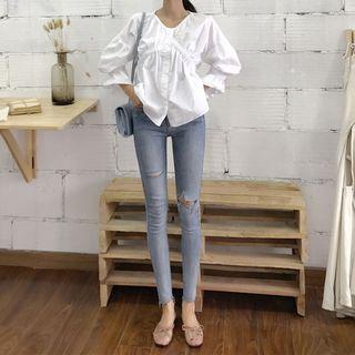 Plain V-neck Long Sleeve Blouse / Ripped Skinny Jeans